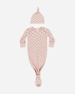 Knotted Baby Gown   Hat Set || Roses