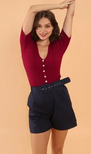LAUREN Button-Down Knit Top (Red)