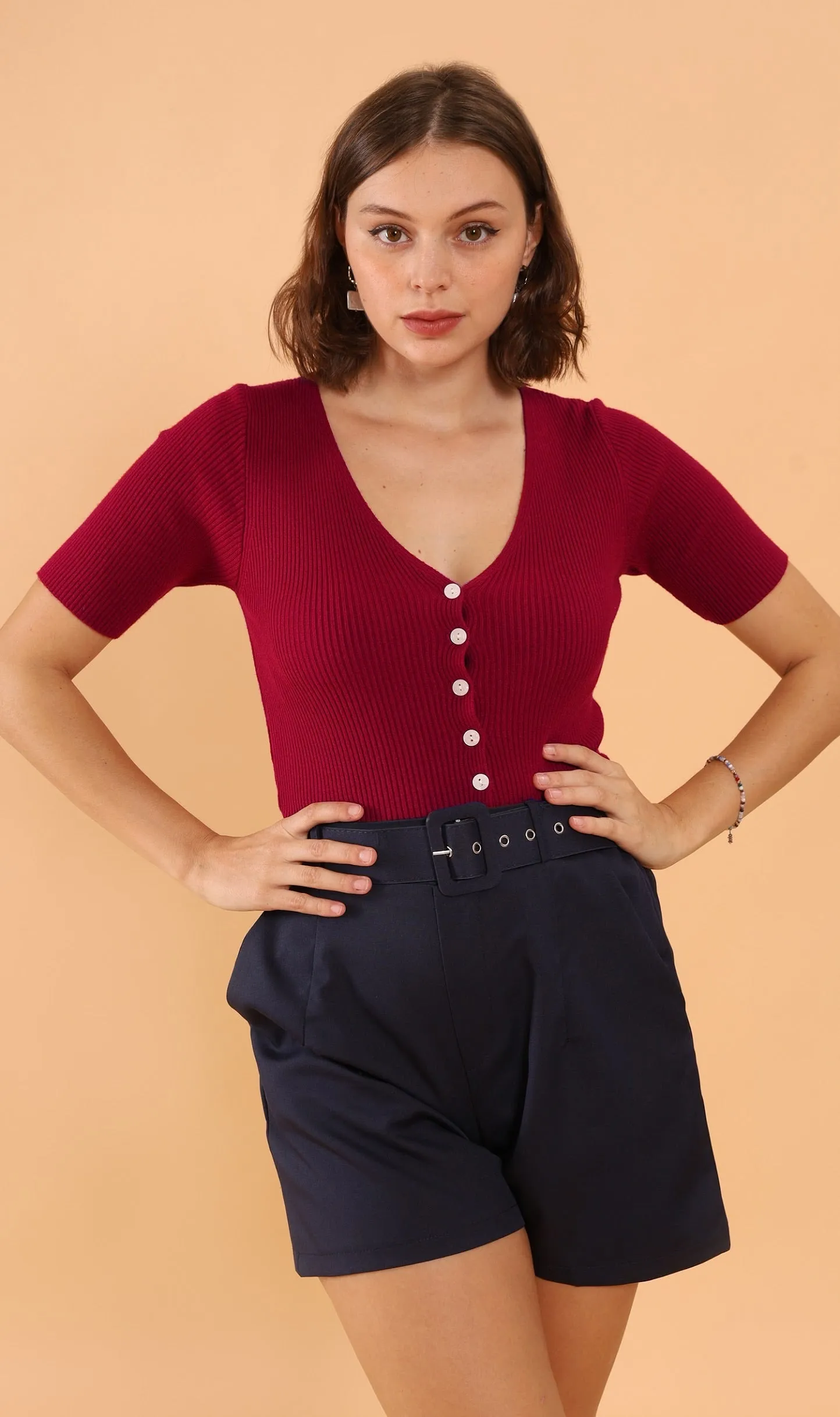 LAUREN Button-Down Knit Top (Red)