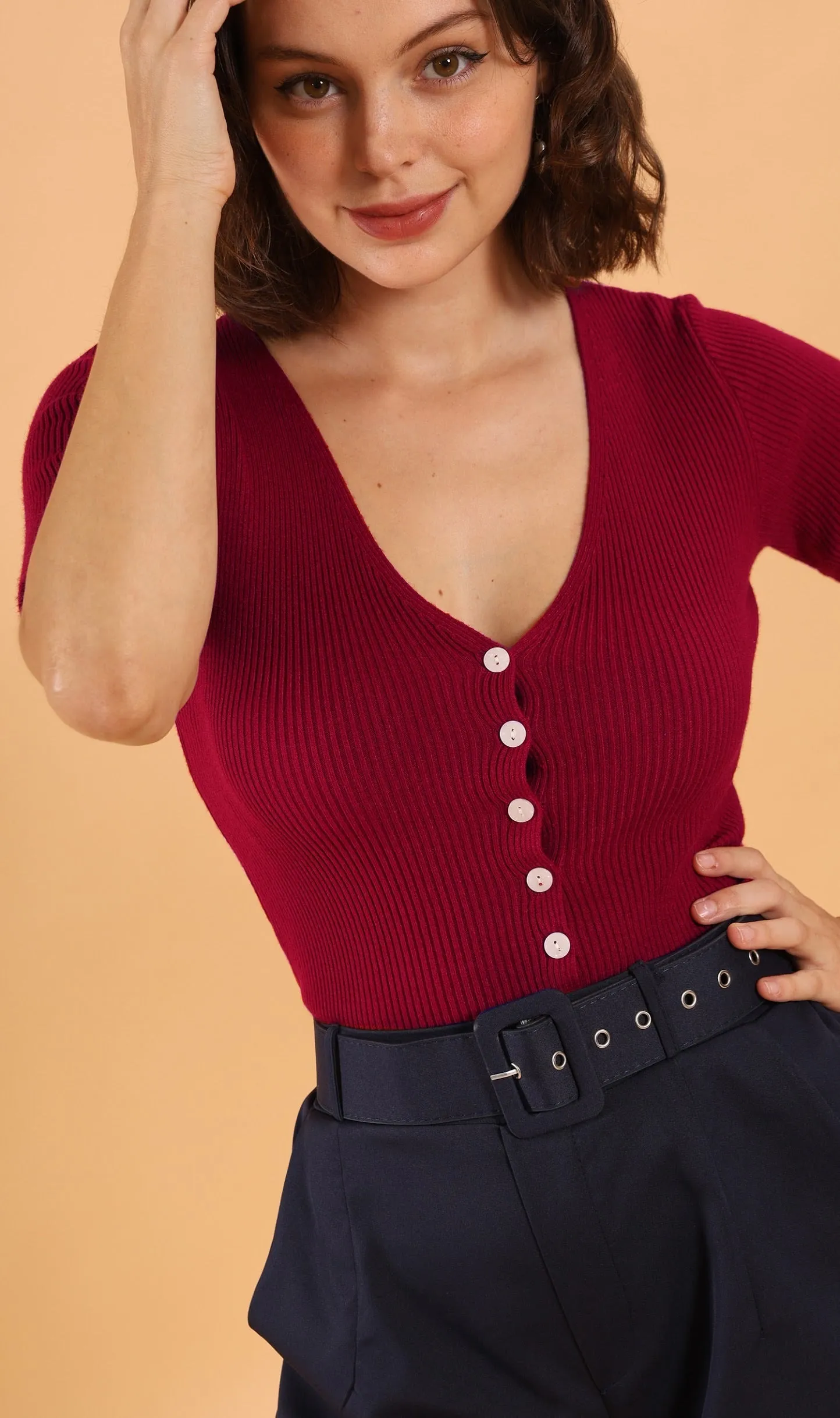 LAUREN Button-Down Knit Top (Red)