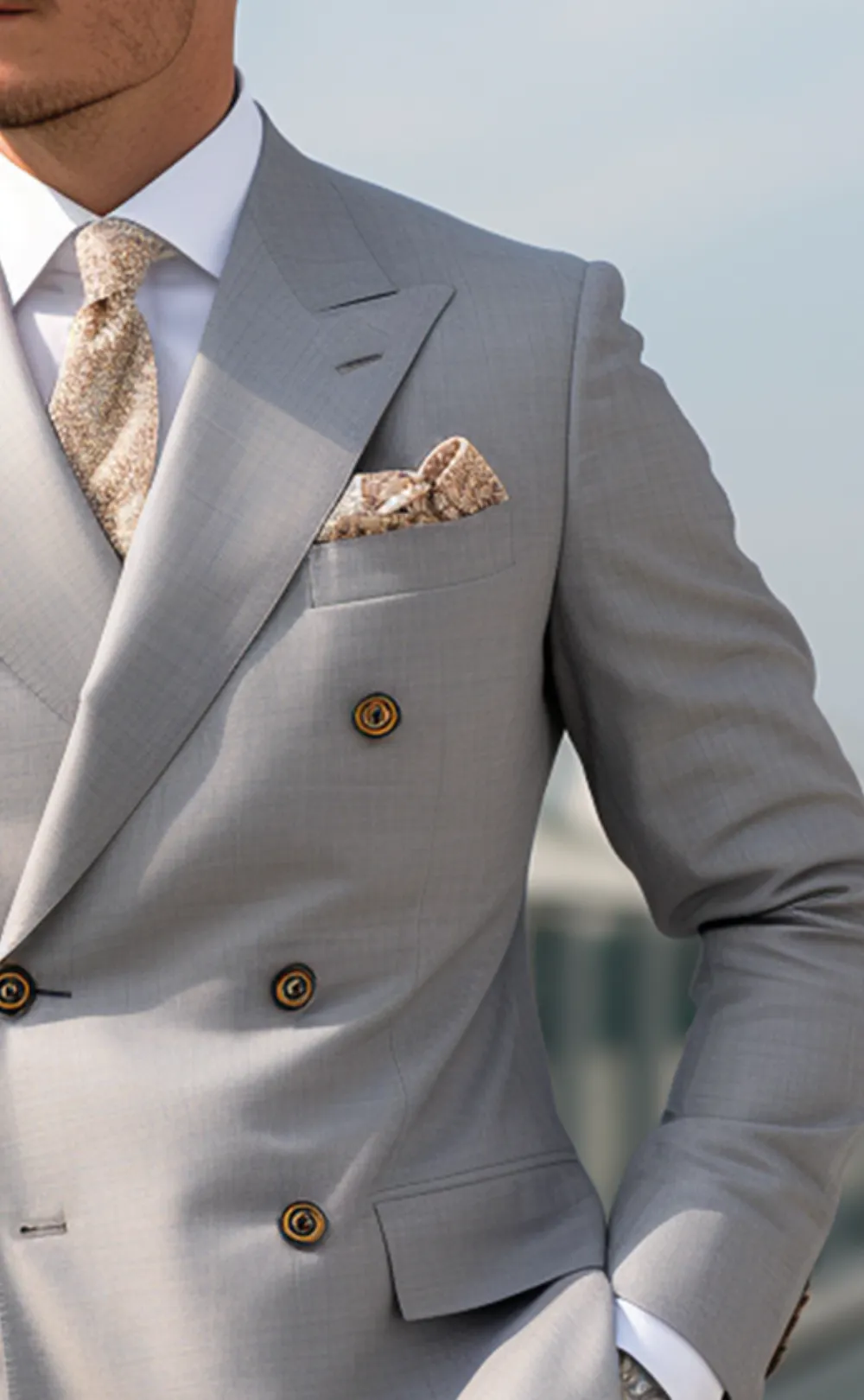 Light Grey Double Breasted Suit for Men Classic