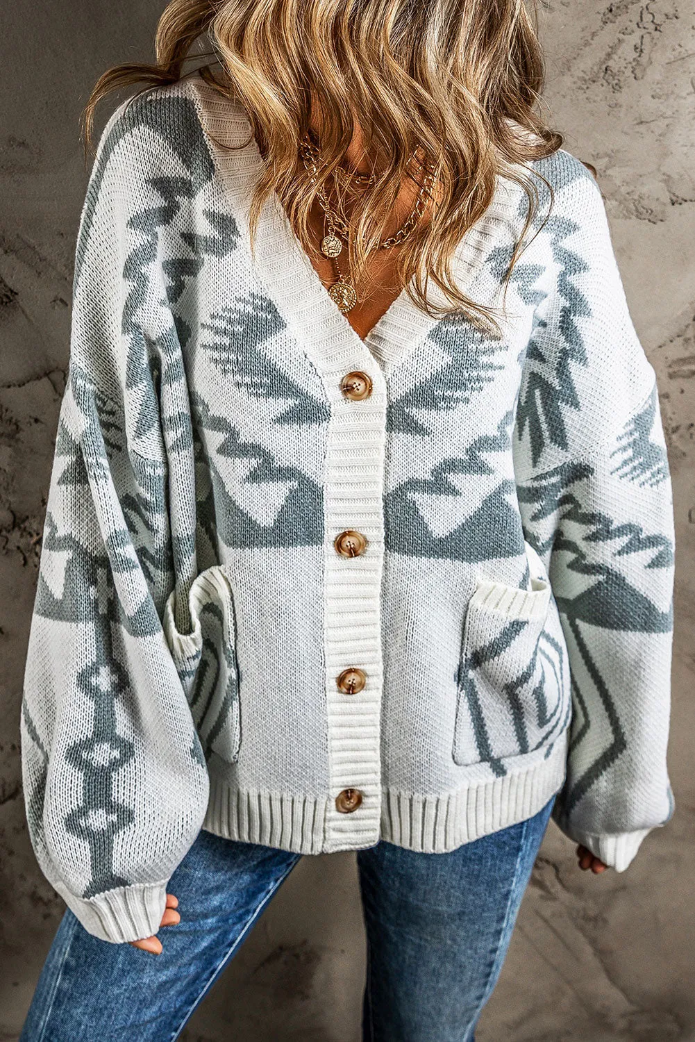 Light Grey Geometric Pattern Ribbed Trim Button-Up Cardigan