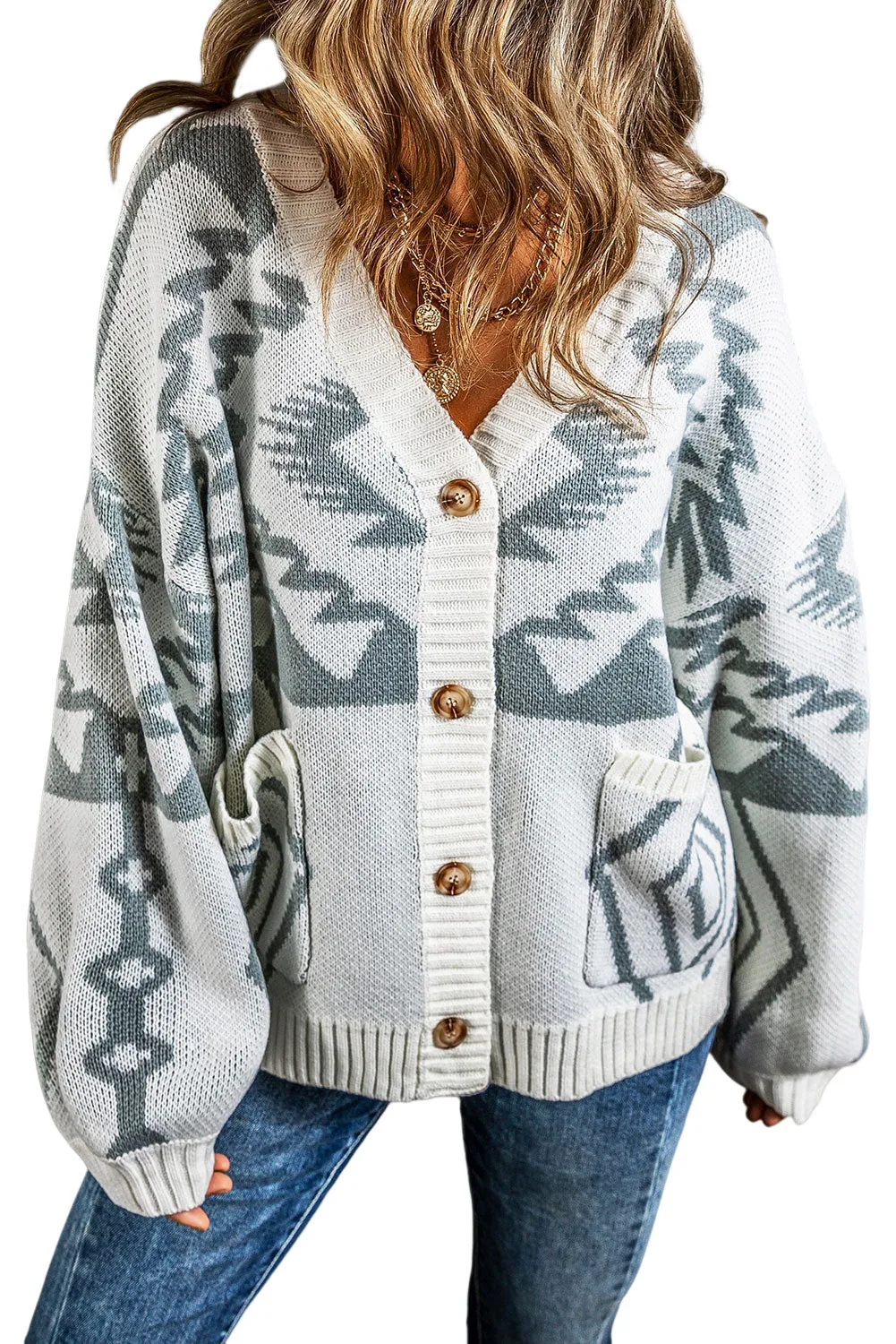 Light Grey Geometric Pattern Ribbed Trim Button-Up Cardigan