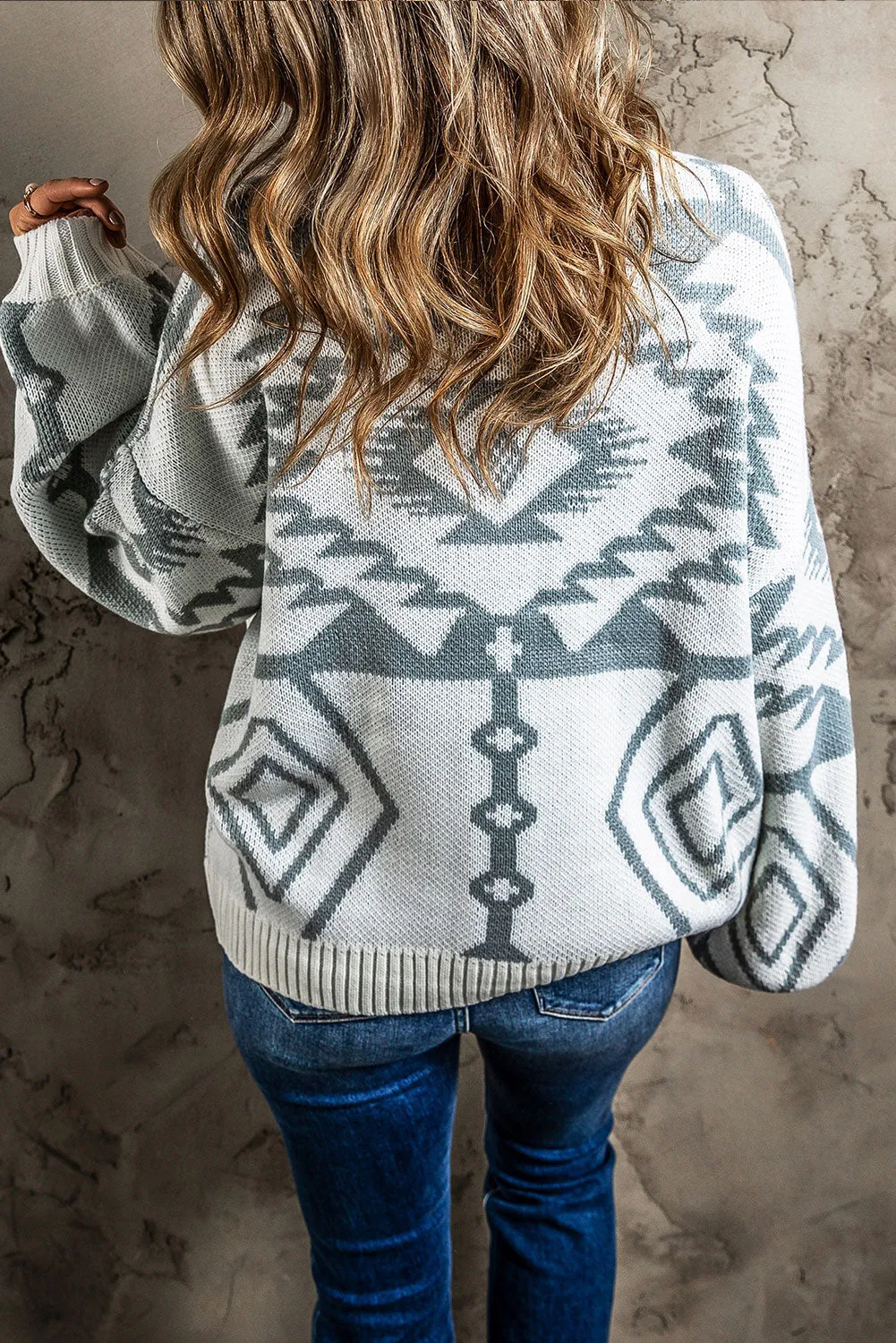 Light Grey Geometric Pattern Ribbed Trim Button-Up Cardigan