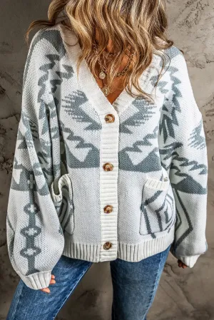 Light Grey Geometric Pattern Ribbed Trim Button-Up Cardigan