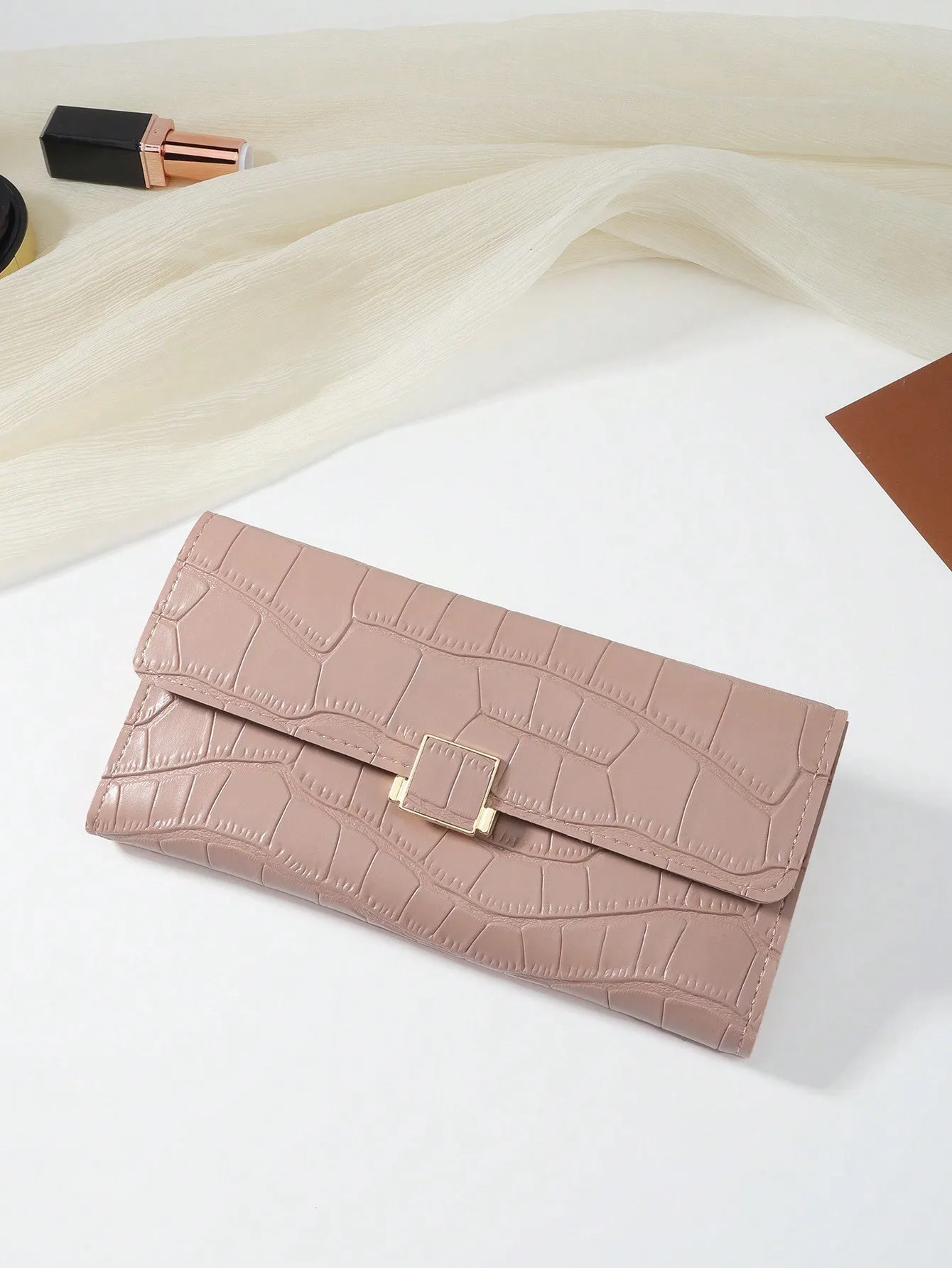 Light Pink Crocodile Embossed Fold Over Long Wallet - Baby Pink- FD ⚡