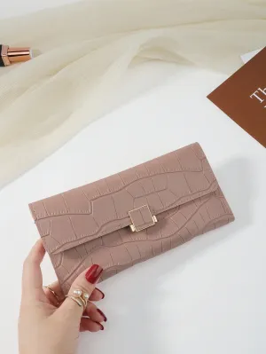 Light Pink Crocodile Embossed Fold Over Long Wallet - Baby Pink- FD ⚡