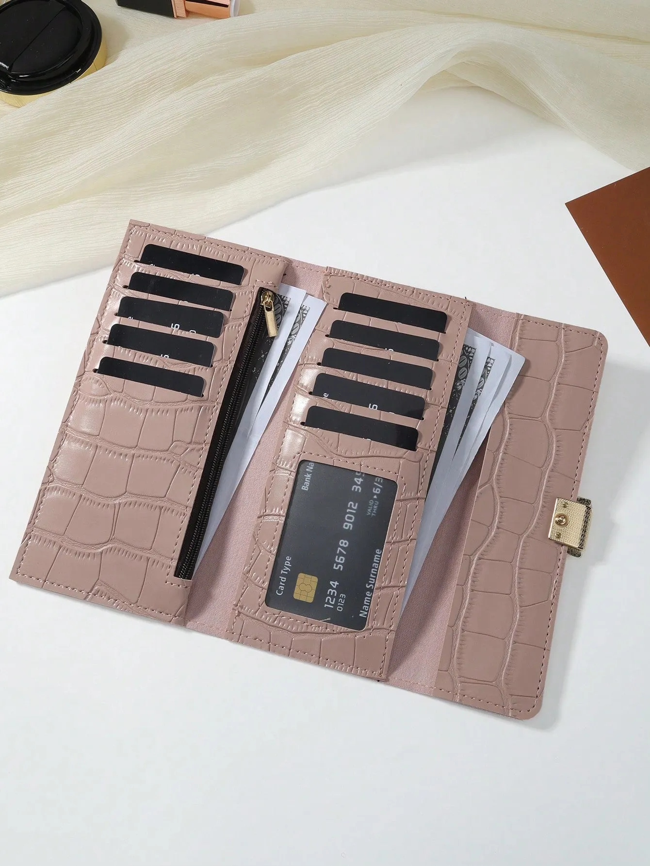 Light Pink Crocodile Embossed Fold Over Long Wallet - Baby Pink- FD ⚡
