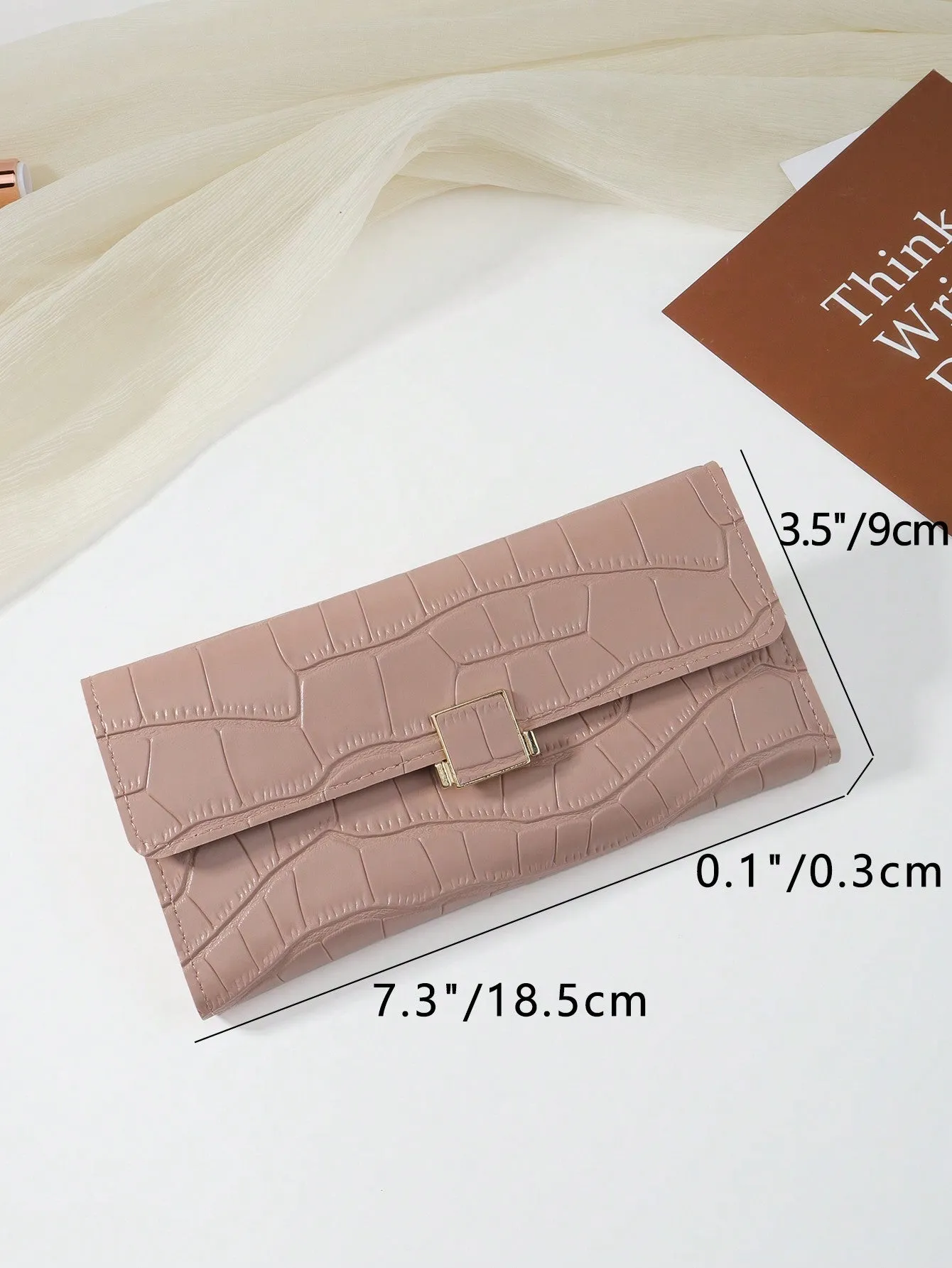 Light Pink Crocodile Embossed Fold Over Long Wallet - Baby Pink- FD ⚡