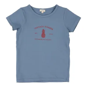 Lil Legs Girls Print T-Shirt Short Sleeve - Blue (Vintage Contrast Collection)