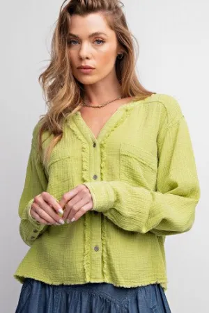 Lime Mineral Wash Cotton Gauze Button Up