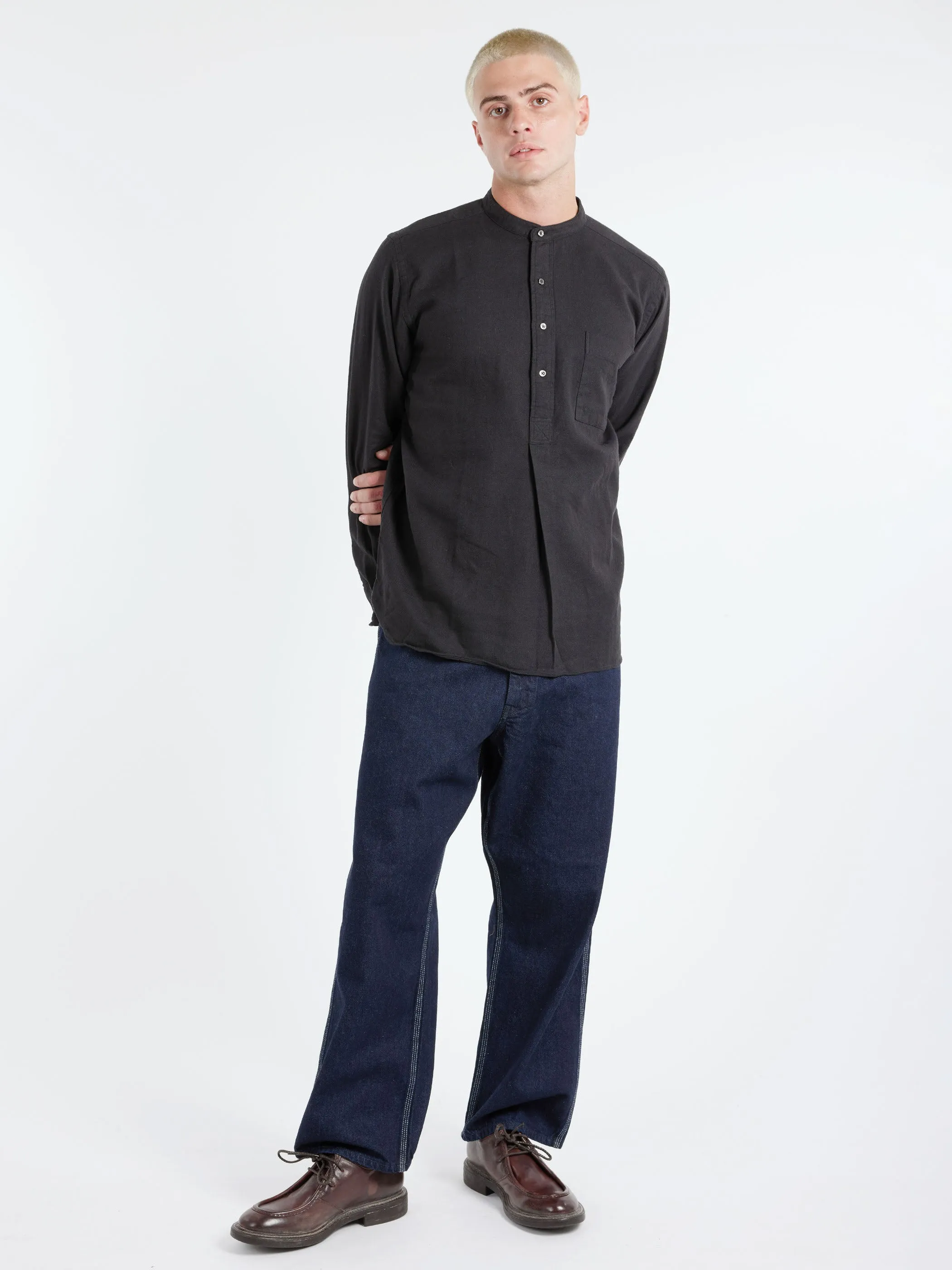 Linen Cotton Herringbone Band Collar Pullover Shirt