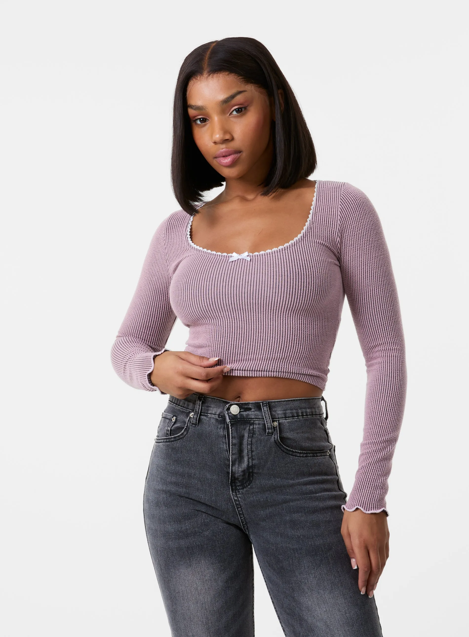 Long Sleeve Rib Top with Bow