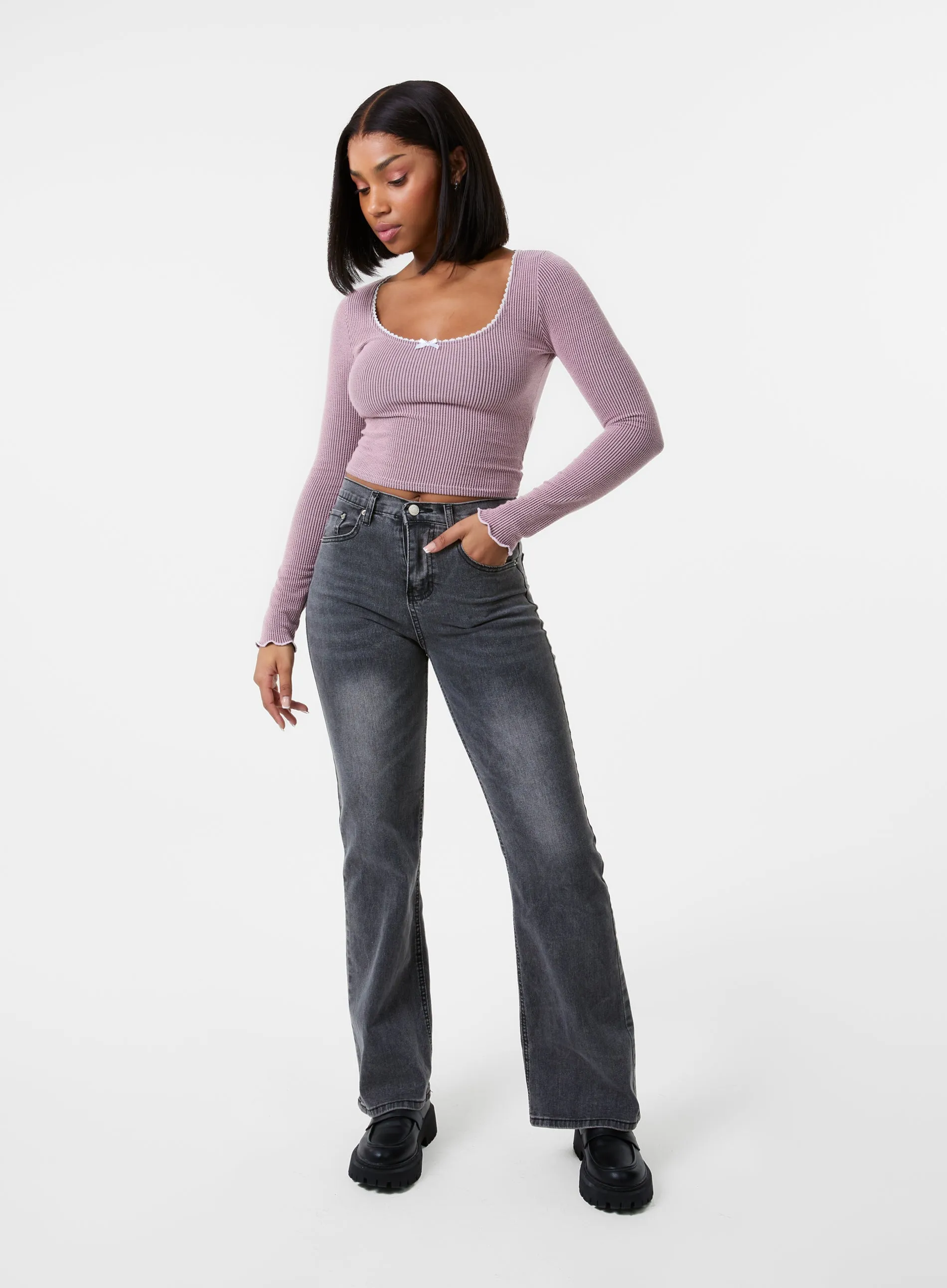 Long Sleeve Rib Top with Bow