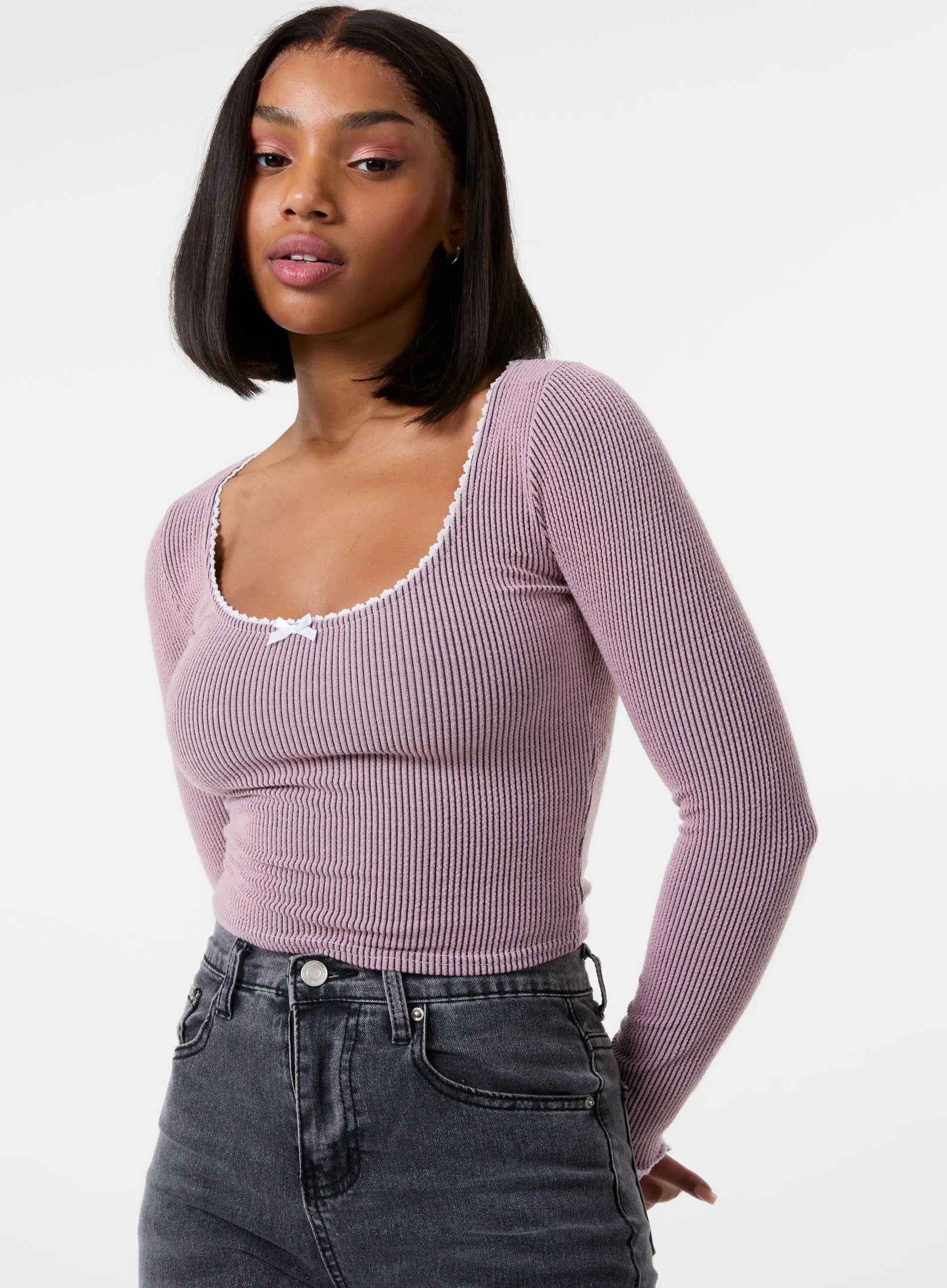 Long Sleeve Rib Top with Bow