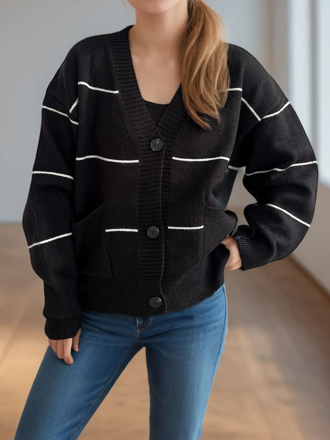Lorelia Striped Button Down V-Neck Long Sleeve Cardigan