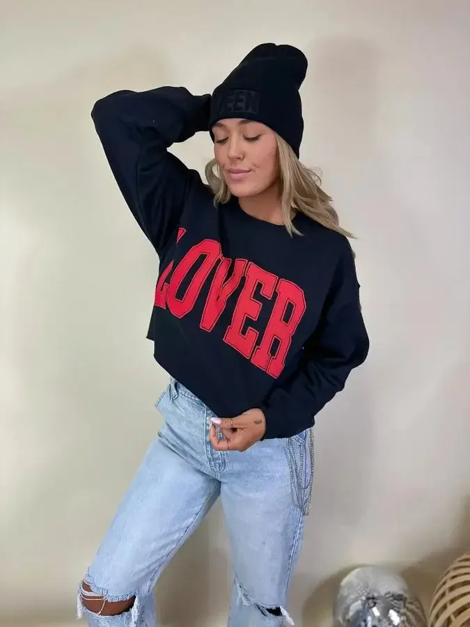 Lover Black Puff Cropped Graphic Crewneck