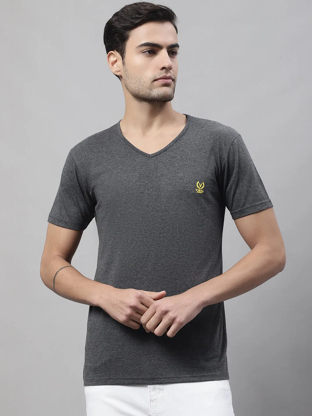 Mack Jonney V Neck Cotton Solid Anthracite T-Shirt for Men