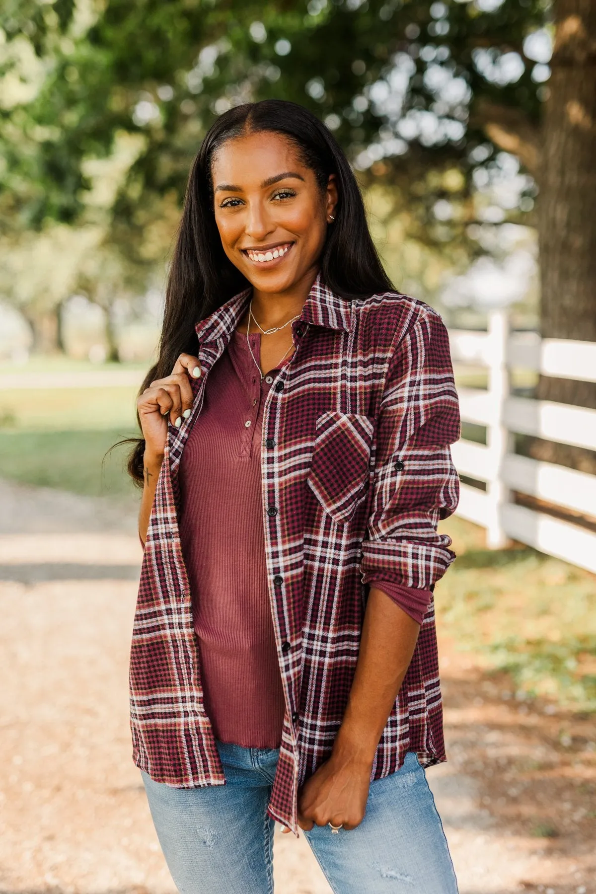 Made Up My Mind Plaid Button Top- Burgundy, Camel & Ivory
