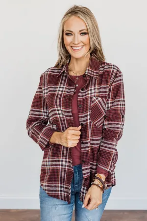 Made Up My Mind Plaid Button Top- Burgundy, Camel & Ivory