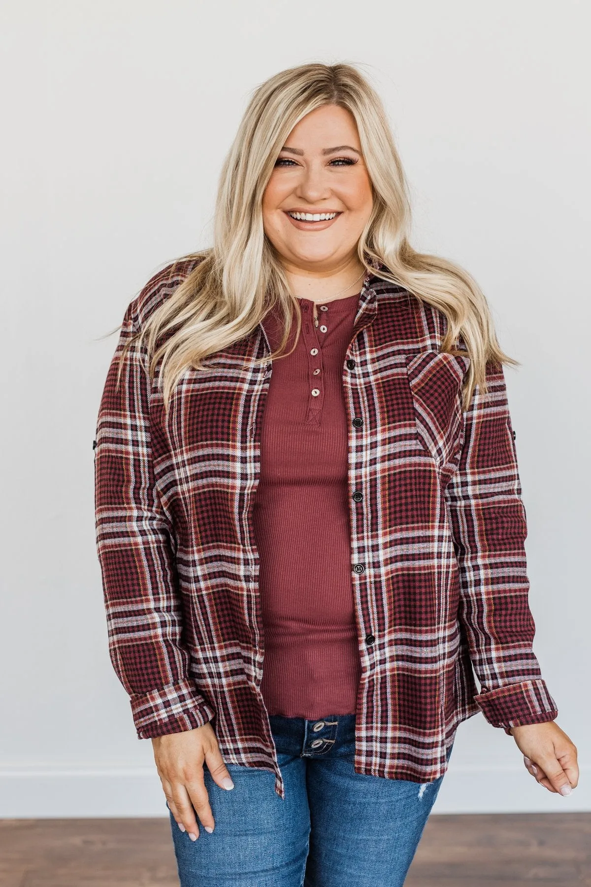 Made Up My Mind Plaid Button Top- Burgundy, Camel & Ivory