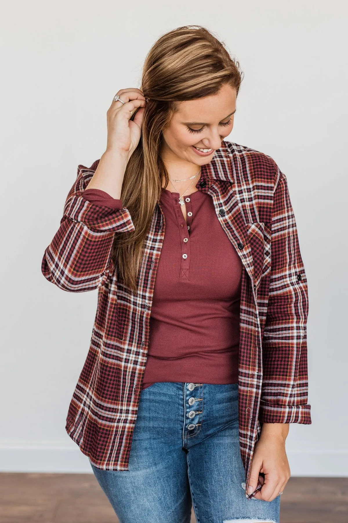 Made Up My Mind Plaid Button Top- Burgundy, Camel & Ivory