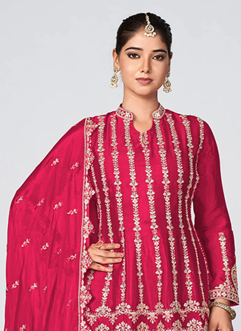 Magenta Multi Embroidery Traditional Palazzo Style Suit
