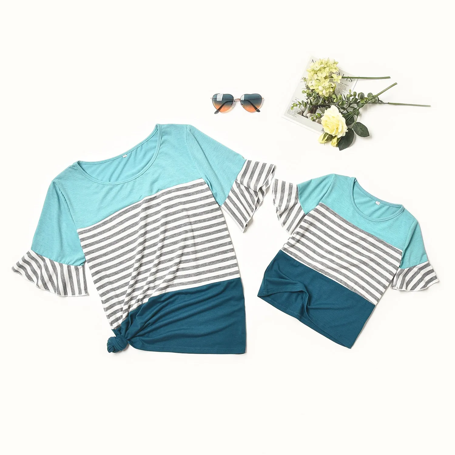 Matching Striped Patchwork Flare Sleeve T-shirts