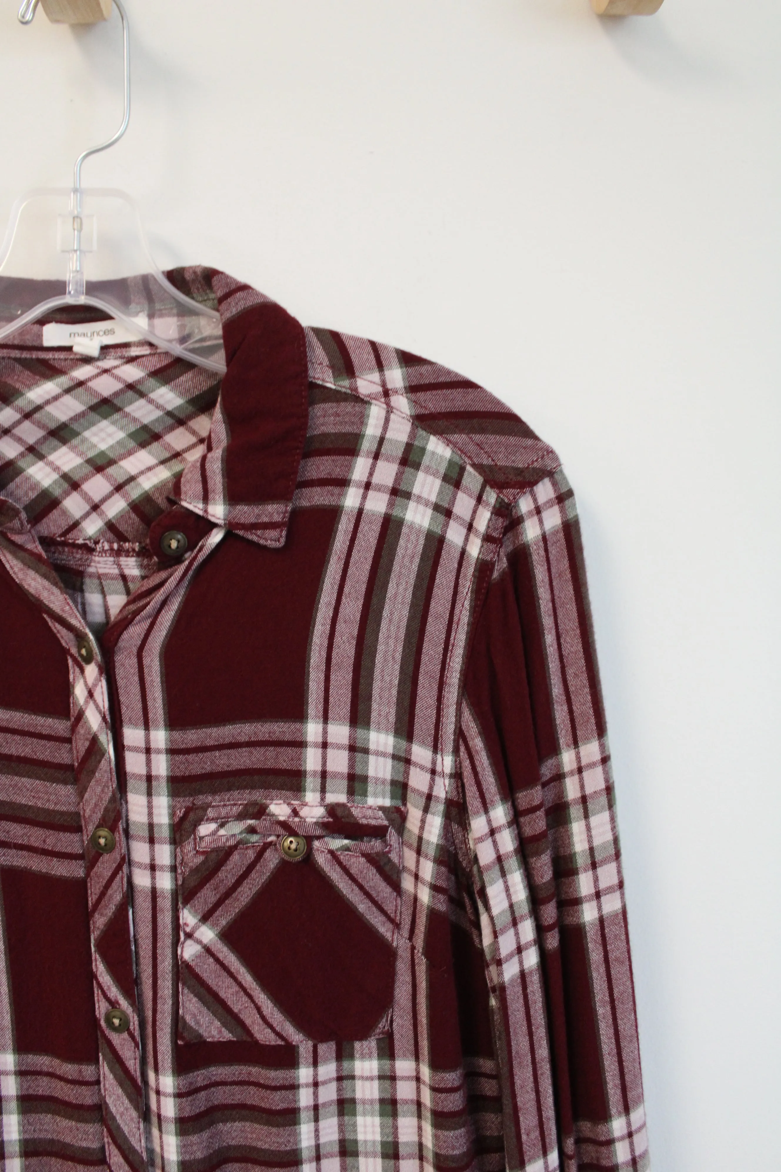 Maurices Maroon White & Green Plaid Button Down Shirt | XS