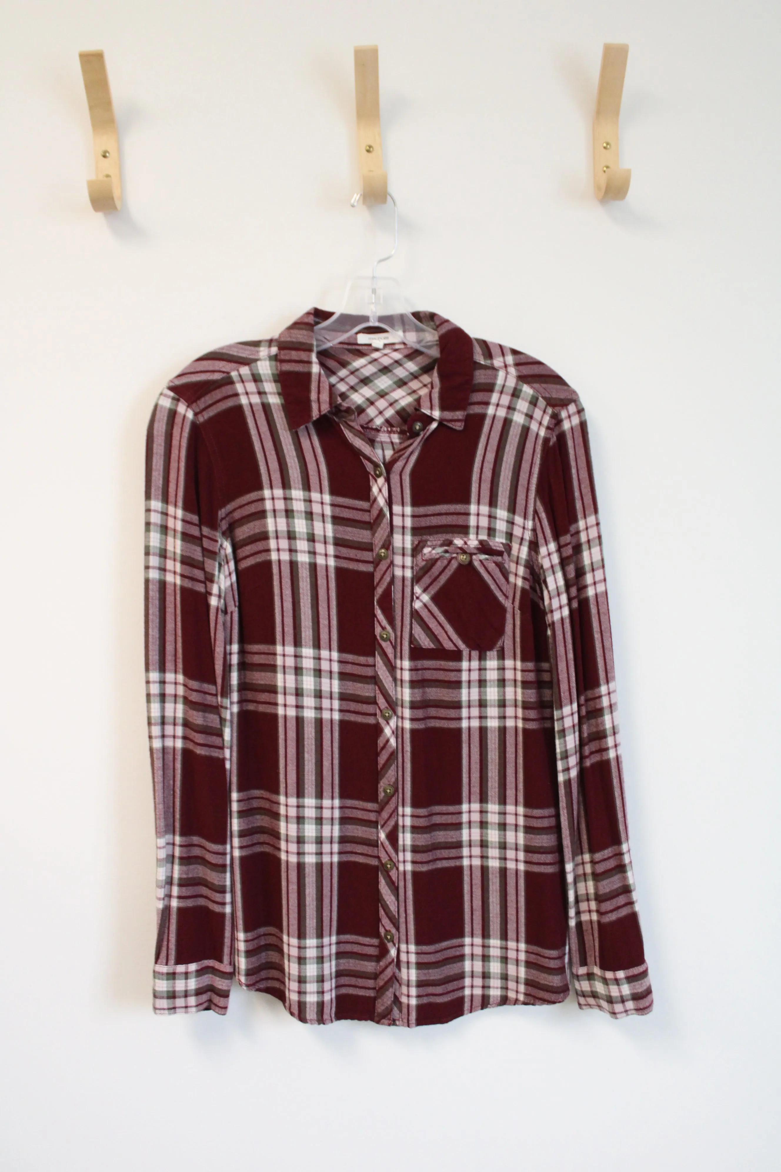 Maurices Maroon White & Green Plaid Button Down Shirt | XS
