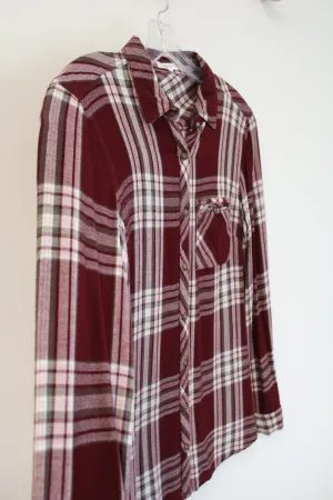 Maurices Maroon White & Green Plaid Button Down Shirt | XS