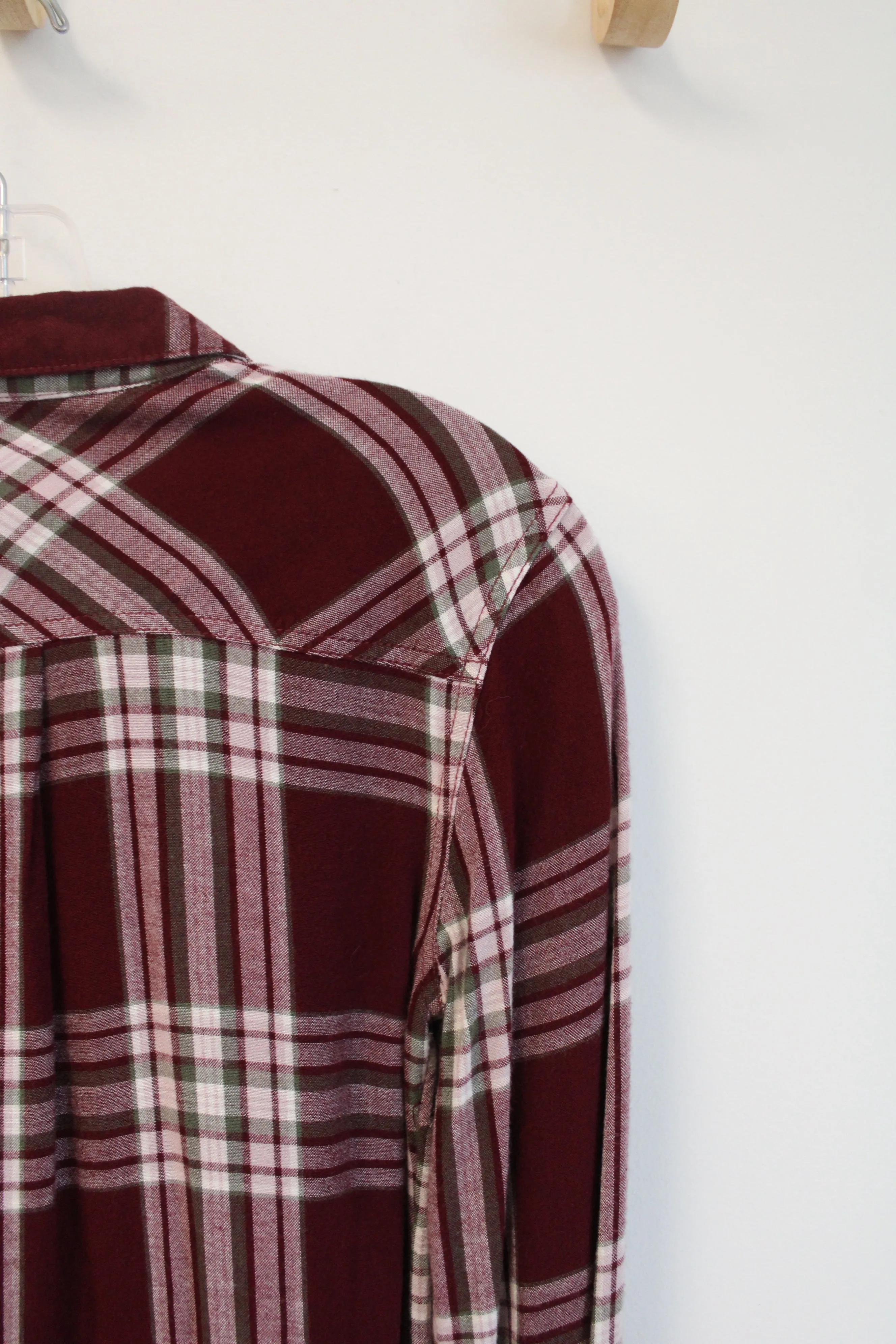 Maurices Maroon White & Green Plaid Button Down Shirt | XS