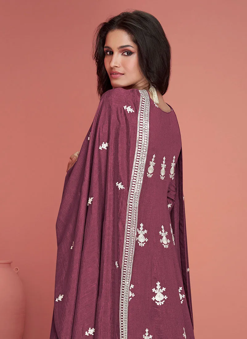 Mauve Purple Thread Embroidery Anarkali Pant Suit
