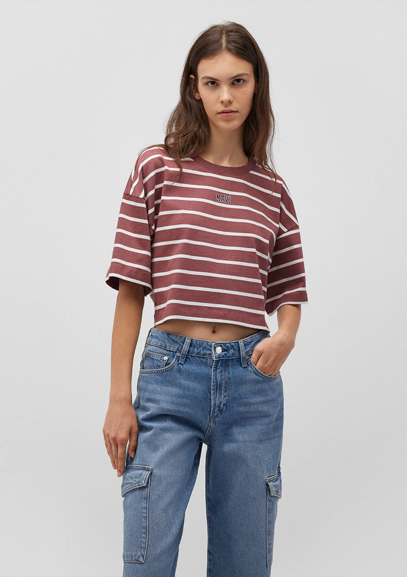 Mavi Logo Printed Burgundy Striped T-Shirt