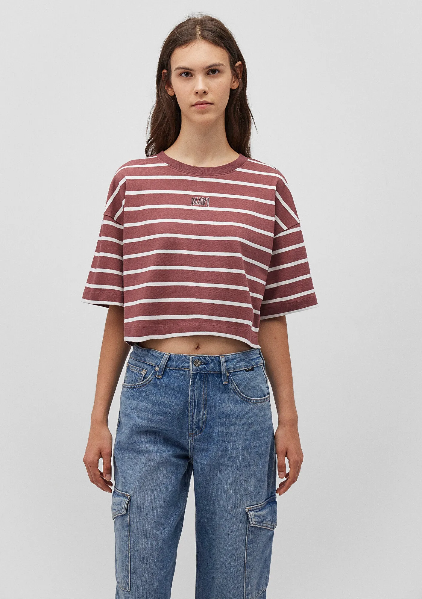Mavi Logo Printed Burgundy Striped T-Shirt