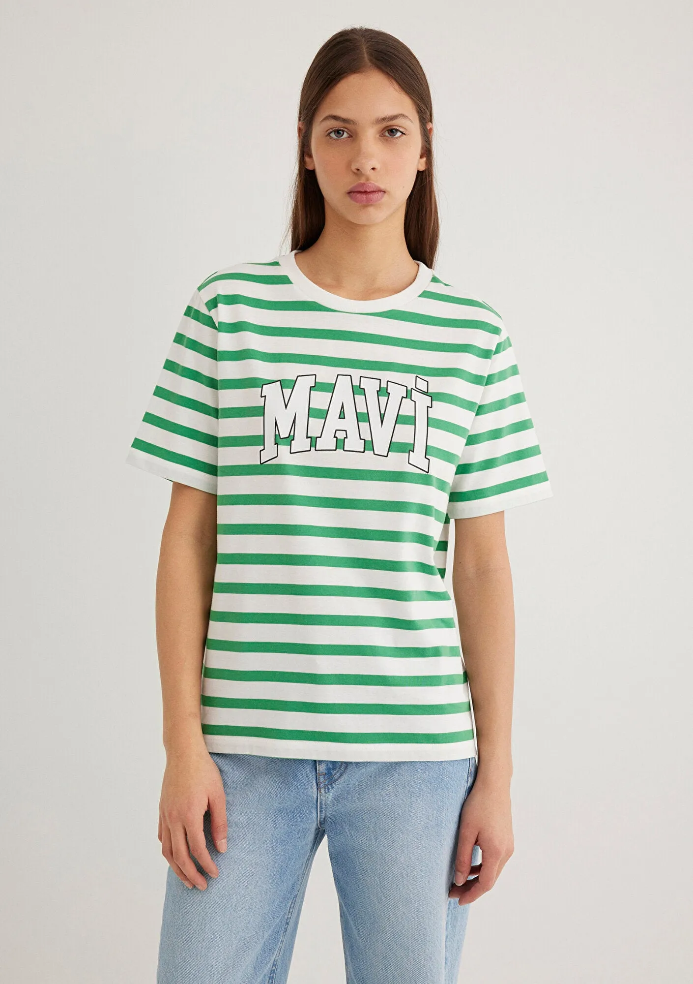 Mavi Logo Printed Green Striped T-Shirt