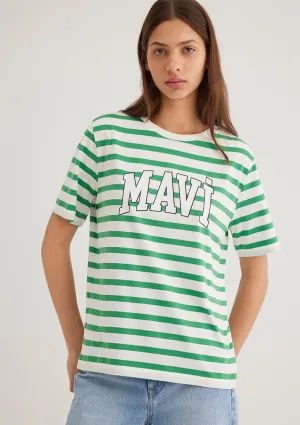 Mavi Logo Printed Green Striped T-Shirt