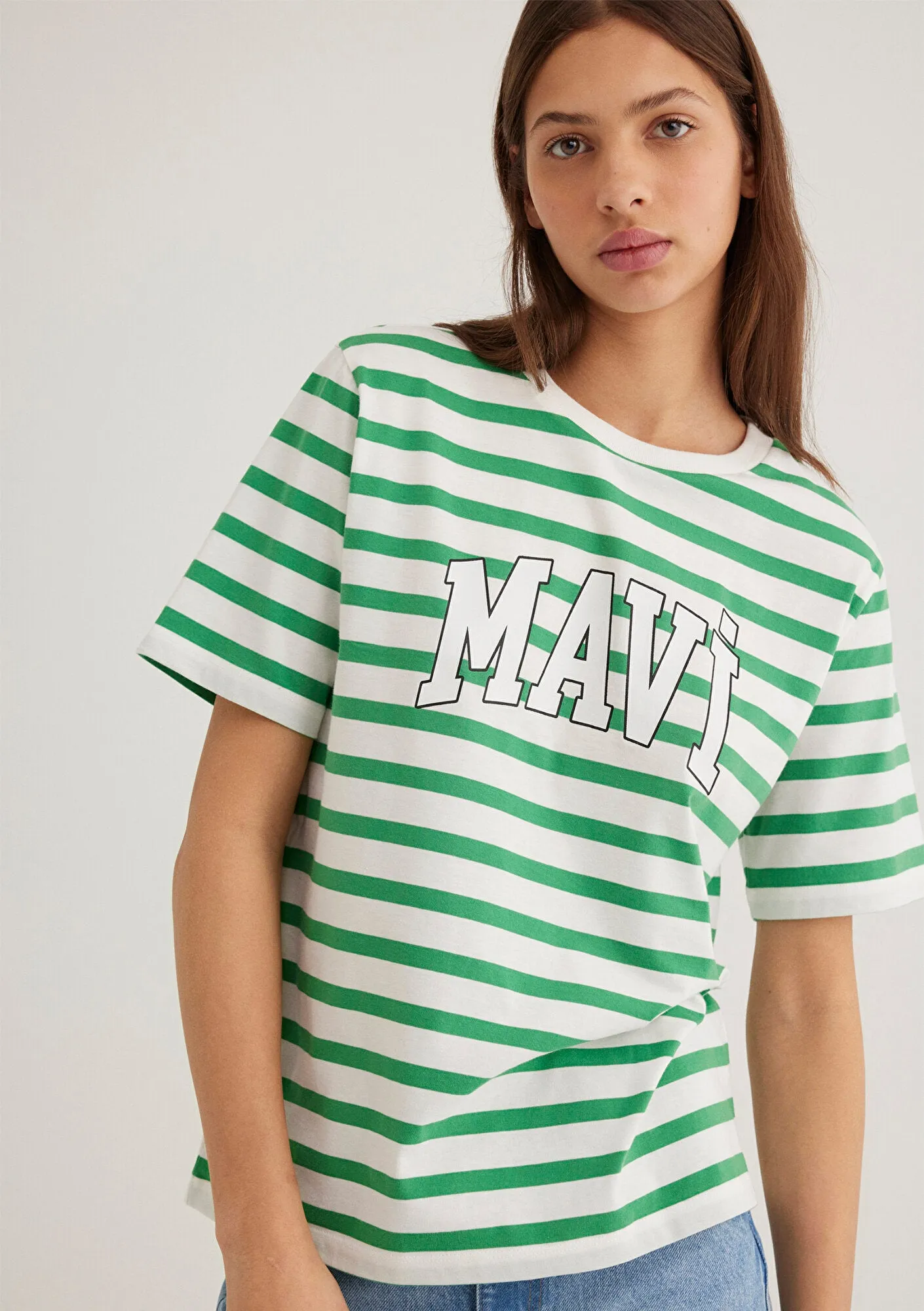 Mavi Logo Printed Green Striped T-Shirt