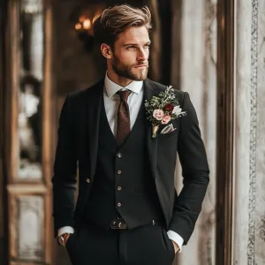 Men's 3-Piece Black Wool Blazer Suit| Vintage Style Wedding & Winter Groom Wear