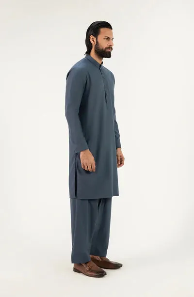 Men's Band Collar Shalwar Suit - Blue