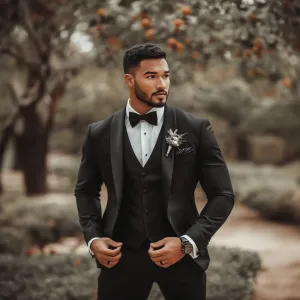 Men’s Black Slim Fit Three-Piece Suit with Shawl Lapel – Sleek and Modern Design