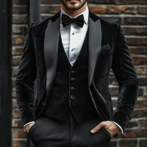 Men's Black Velvet Three-Piece Tuxedo for Weddings - Custom Made and Bespoke Suits