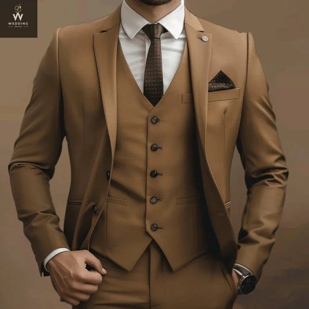 Men's Brown Three-Piece Wedding Suit - Bespoke Custom Tailored Suits for Men
