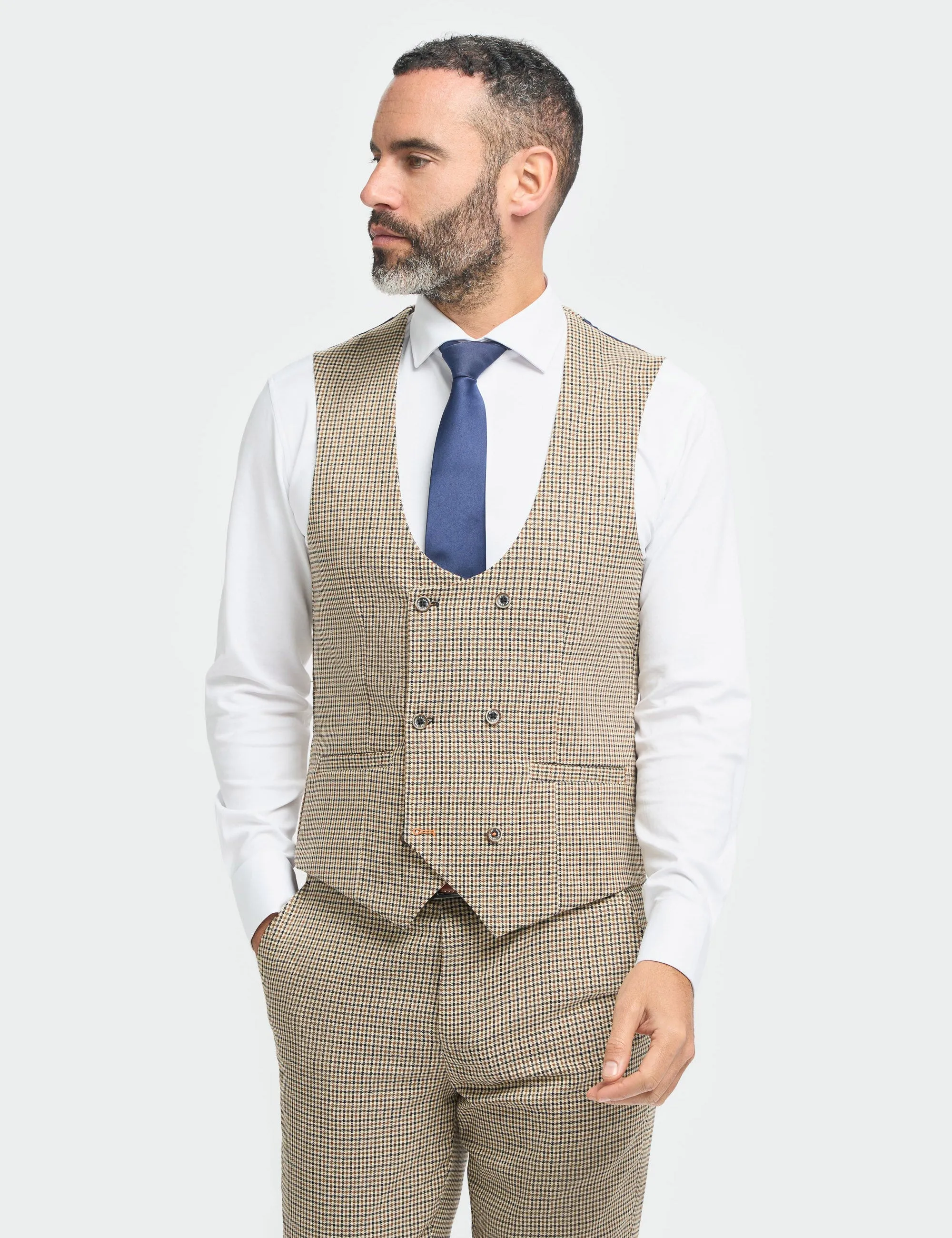 MENS ELWOOD HOUNDSTOOTH TAN THREE PIECE SUIT