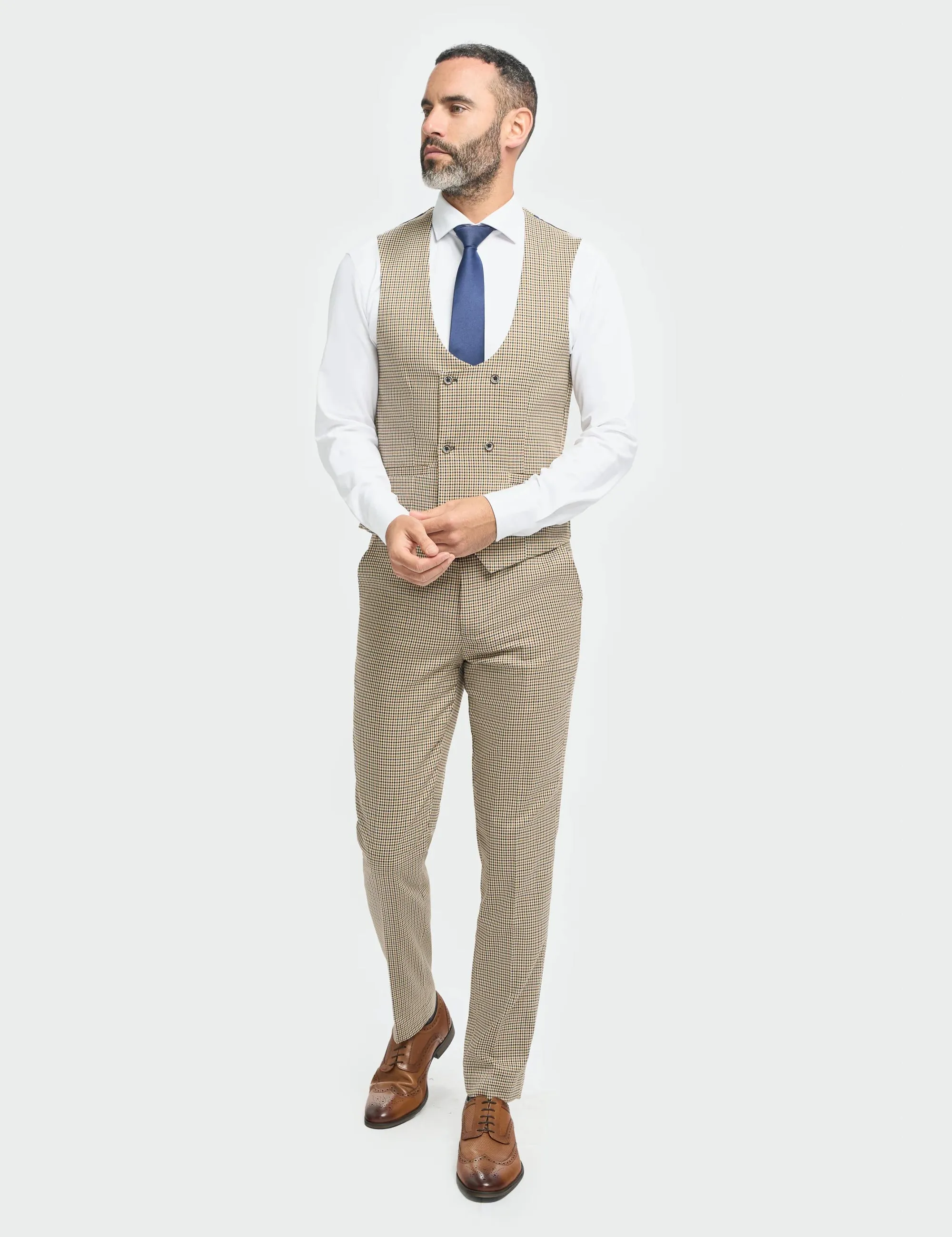 MENS ELWOOD HOUNDSTOOTH TAN THREE PIECE SUIT