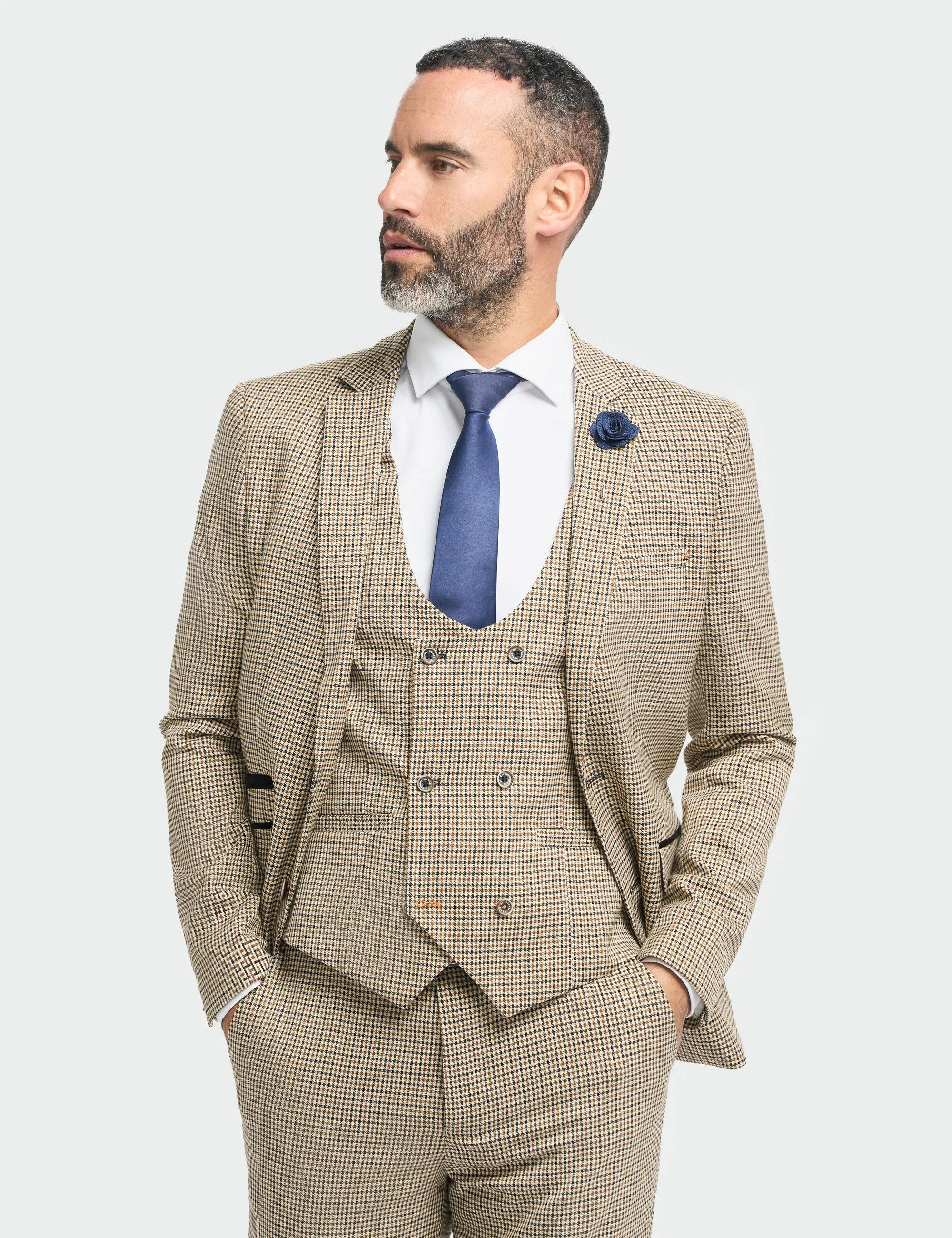 MENS ELWOOD HOUNDSTOOTH TAN THREE PIECE SUIT