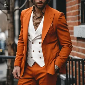 Men's Orange Three-Piece Suit – Custom Made Rust Wedding Attire with Double-Breasted Vest, Bespoke Wedding Suits