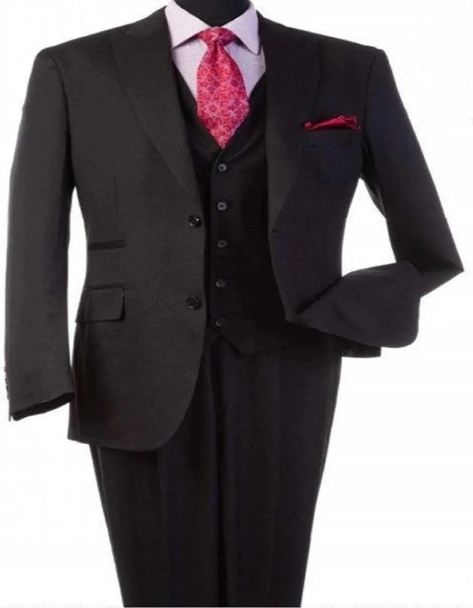Mens Peak Lapel Modern Fit - No Pleated Pants Designer Brand Black 3 Piece Vested Suit