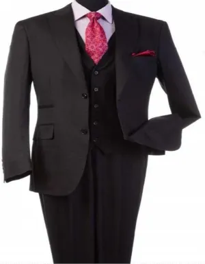 Mens Peak Lapel Modern Fit - No Pleated Pants Designer Brand Black 3 Piece Vested Suit