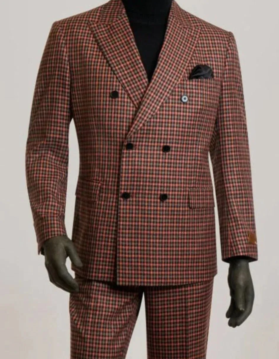 Mens Peak Lapel Modern Fit - No Pleated Pants Designer Brand Red 3 Piece Vested Suit